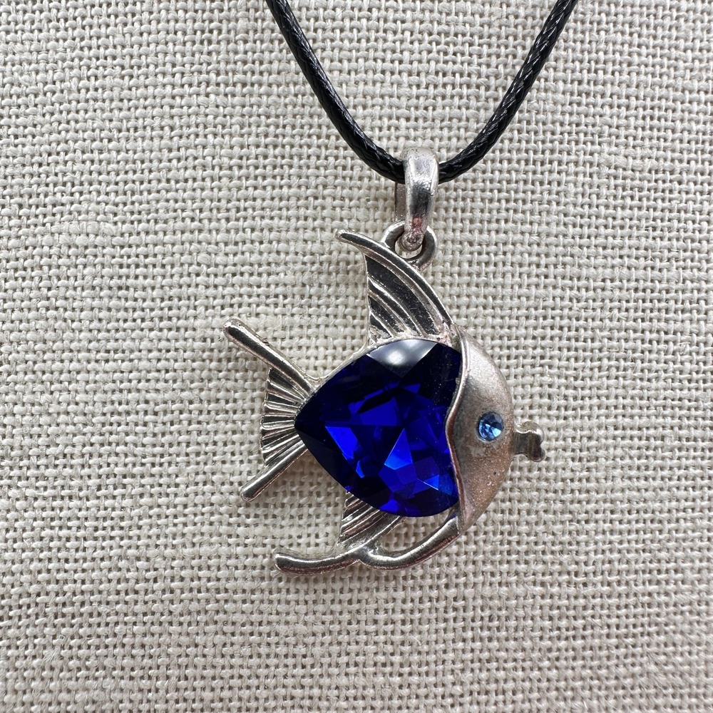 Vintage 90s Tropical Angel Fish Pendant Blue Glass Silver Tone Necklace Jewelry